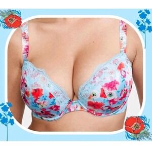 38DD Blue Poppy BLING LOGO Extreme Lift Victorias Secret VERY SEXY PU Bra NWT